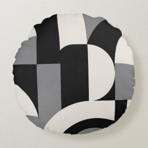 Modern Abstract Geometric Art Pattern in Monochrom Round Cushion