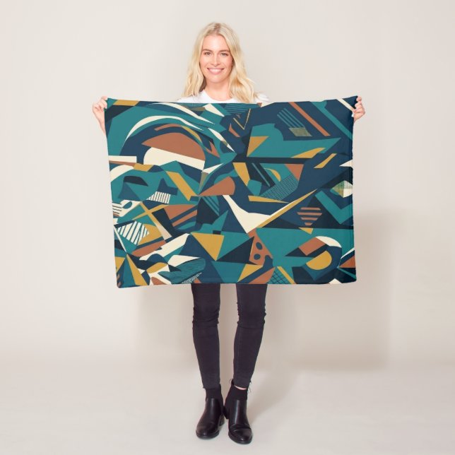 Modern Abstract Geometric Art - Retro Teal Orange  Fleece Blanket (In Situ)