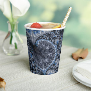 Modern Abstract Geometric Black Blue Fractal Paper Cups