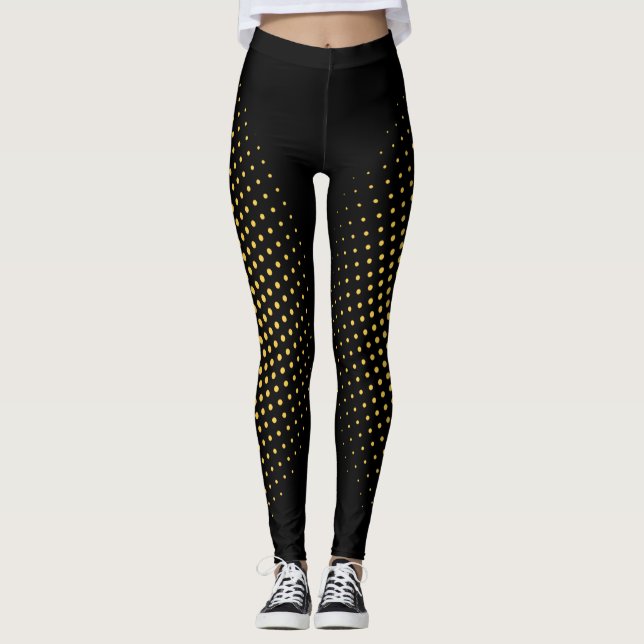 Modern Abstract Geometric Black Gold Pixel Pattern Leggings (Front)