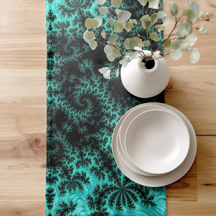 Modern Abstract Geometric Black Green Fractal  Short Table Runner