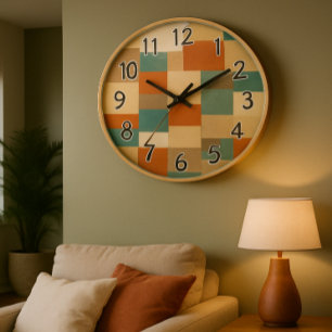 Modern Abstract Geometric Block in Teal & Beige Large Clock