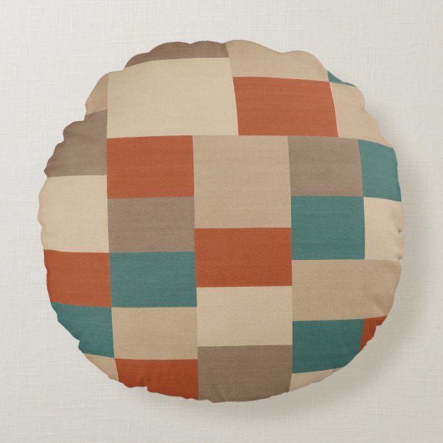 Modern Abstract Geometric Block in Teal & Beige Round Cushion (Front)