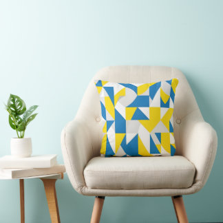 Modern Abstract Geometric Blue and Yellow Mosaic Cushion