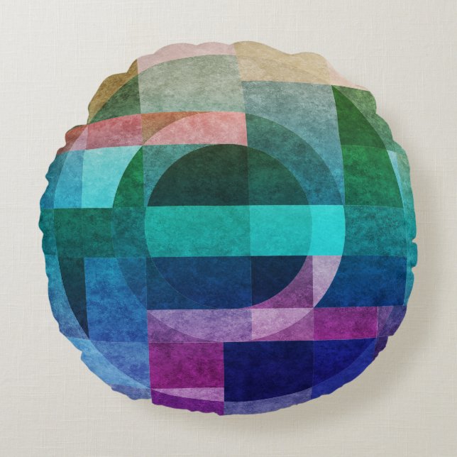 Modern abstract geometric Blue green pink Circle Round Cushion (Front)