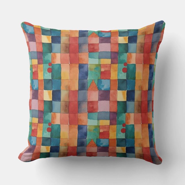 Modern Abstract Geometric Blue Orange Watercolor Cushion (Front)