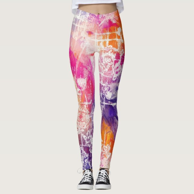 Modern Abstract Geometric Grid Pattern Leggings (Front)