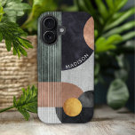 Modern Abstract Geometric Marble Custom Name iPhone 16 Case<br><div class="desc">Modern Abstract Geometric Marble Custom Name iPhone 16 Cases features black,  rose gold and gold watercolor geometric shapes on a grey marble background with stripes and your personalised name in modern white script. Personalise by editing the text in the text box provided. Designed by ©Evco Studio www.zazzle.com/store/evcostudio</div>