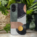 Modern Abstract Geometric Marble Custom Name iPhone 16 Plus Case<br><div class="desc">Modern Abstract Geometric Marble Custom Name iPhone 16 Plus Cases features black,  rose gold and gold watercolor geometric shapes on a grey marble background with stripes and your personalised name in modern white script. Personalise by editing the text in the text box provided. Designed by ©Evco Studio www.zazzle.com/store/evcostudio</div>