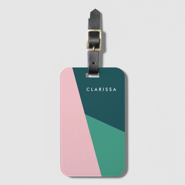 Modern abstract geometric pastel pink & green luggage tag (Front Vertical)