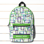 Modern Abstract Geometric Personalised Name Printed Backpack<br><div class="desc">Modern Abstract Geometric Pattern Personalised Name Backpack features a modern geometric pattern in green and purple on a white background  with your personalised name,  monogram or text. Perfect for school,  sports,  gym,  travel and more. Designed by ©Evco Studio www.zazzle.com/store/evcostudio</div>