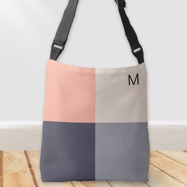 Modern Abstract Geometric Squares Neutral Peach Crossbody Bag (An elegant monogrammed bag with a stylish color block design in oatmeal, taupe, charcoal and peach)