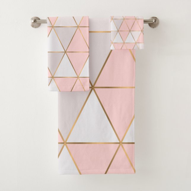 Modern Abstract Geometric Triangles Peach Gold Bath Towel Set (Insitu)