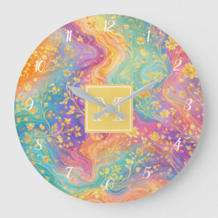 Modern Abstract Glitter Floral Monogram Design     Large Clock