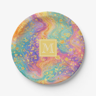 Modern Abstract Glitter Floral Monogram Design Paper Plate