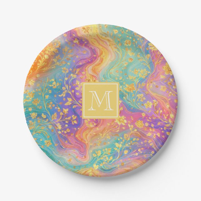 Modern Abstract Glitter Floral Monogram Design     Paper Plate (Front)
