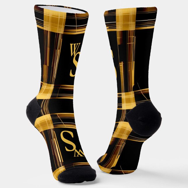 Modern abstract, gold and black plaid monogram socks (Creator Uploaded)