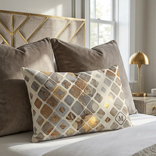 Modern Abstract Gold and Marble Monogram Lumbar Cushion