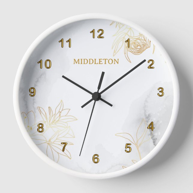 Modern Abstract Gold Floral on White Marble Clock (Front)