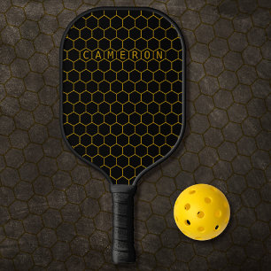 Modern Abstract Gold Honeycomb Pattern Black Name Pickleball Paddle