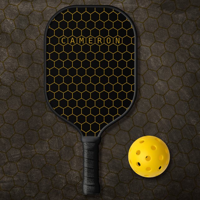 Modern Abstract Gold Honeycomb Pattern Black Name Pickleball Paddle (Creator Uploaded)