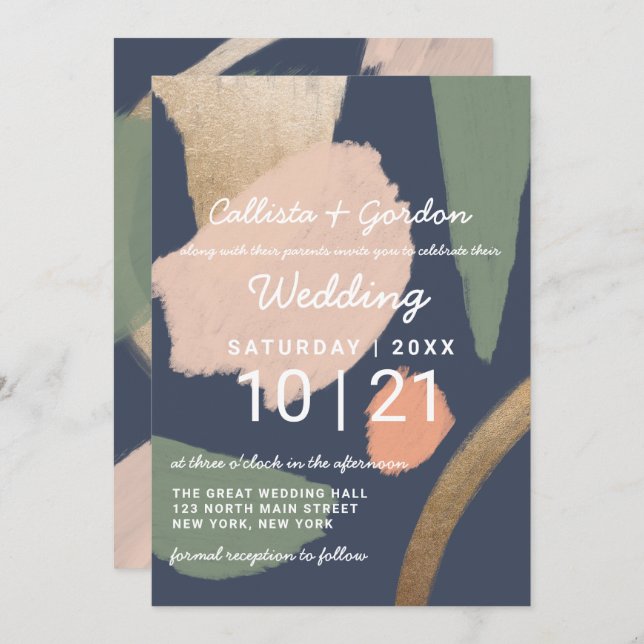 Modern Abstract Gold Navy Pink Sage Wedding Invitation (Front/Back)
