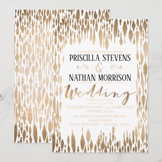 Modern Abstract Gold Teardrop Brushstrokes Wedding Invitation (Front/Back)