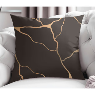 Modern Abstract Gold Vein Design Dark Brown Cushion