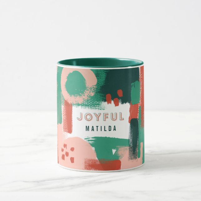 Modern abstract graphic red, pink + green joyful mug (Center)