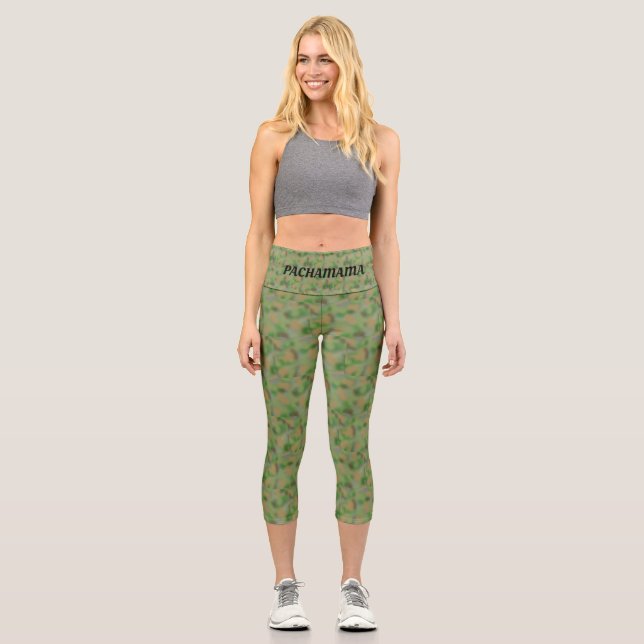 Modern Abstract Green & Beige Pattern with Text Capri Leggings (Front)