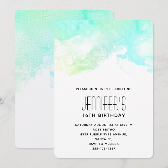 Modern Abstract Green & Blue Watercolor Birthday Invitation (Front/Back)