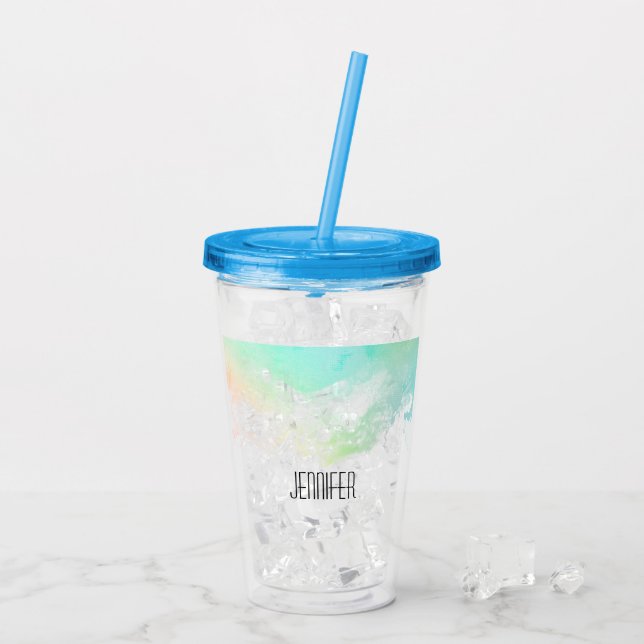 Modern Abstract Green & Blue Watercolor Swirls Acrylic Tumbler (Back Ice)