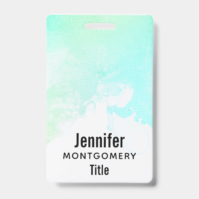 Modern Abstract Green & Blue Watercolor Swirls ID Badge (Front)
