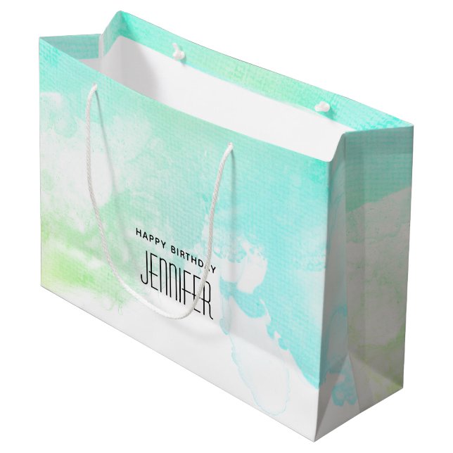 Modern Abstract Green & Blue Watercolor Swirls Large Gift Bag (Front Angled)