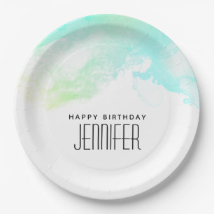 Modern Abstract Green & Blue Watercolor Swirls Paper Plate
