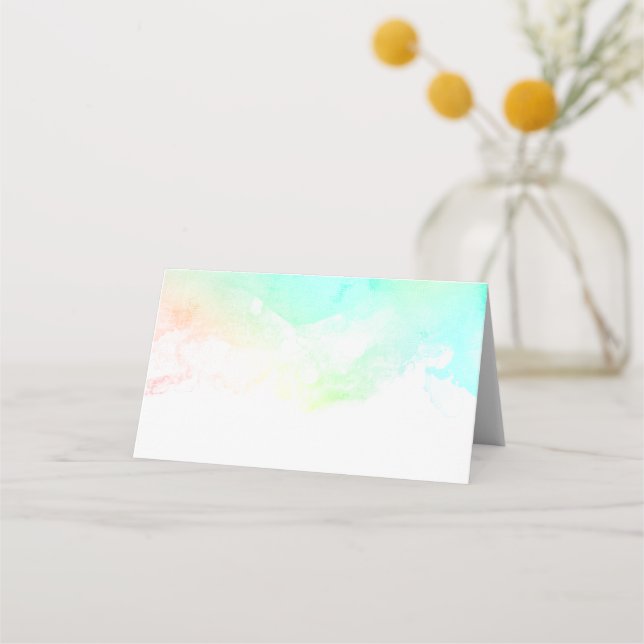 Modern Abstract Green & Blue Watercolor Swirls Place Card (Front)
