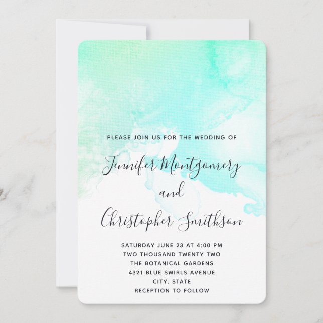 Modern Abstract Green & Blue Watercolor Wedding Invitation (Front)