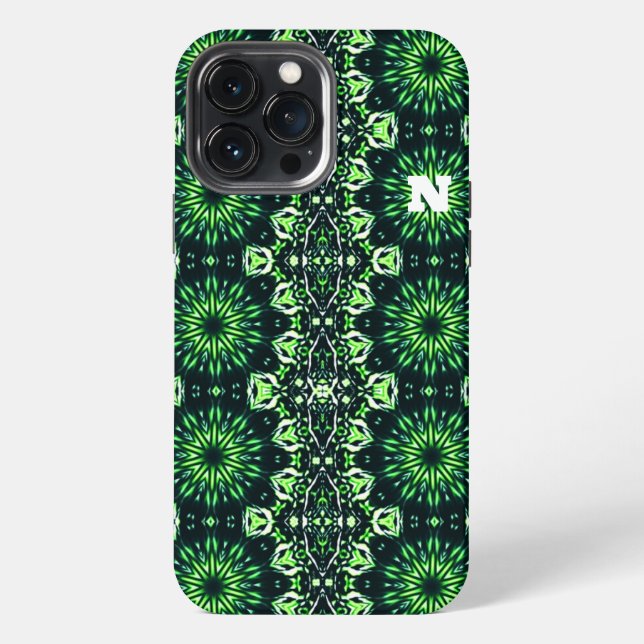 Modern Abstract Green Fractal Art Pattern Initial iPhone Case (Back)