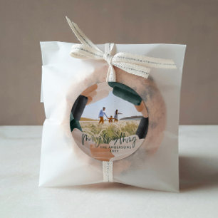 Modern abstract green full bleed 1 photo Christmas Classic Round Sticker