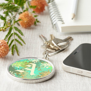 Modern Abstract Green Leaf Pattern Key Ring