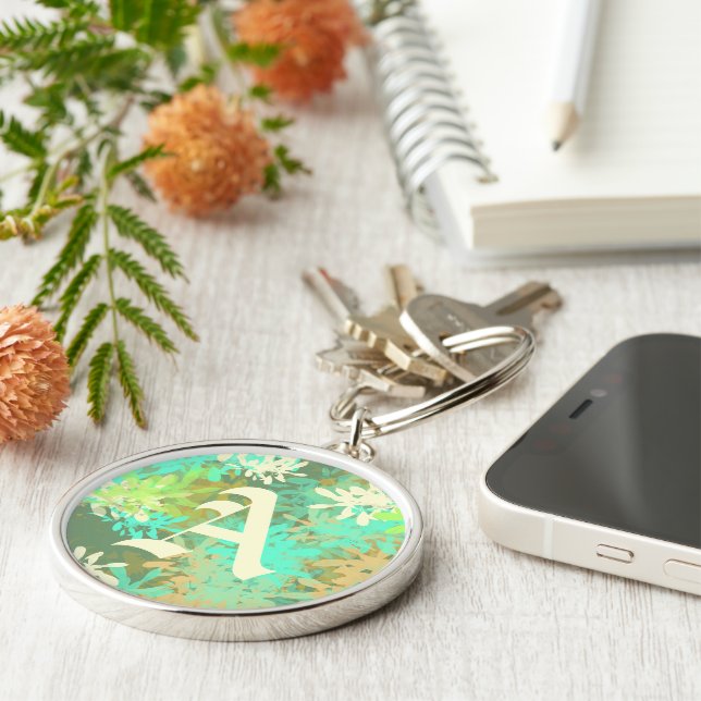 Modern Abstract Green Leaf Pattern Key Ring (Side)
