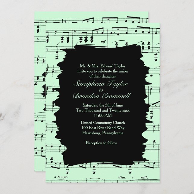 Modern Abstract Green Music Wedding Invite (Front/Back)