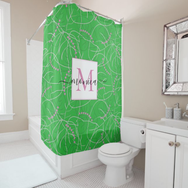 Modern Abstract Green Pink White Monogram Floral Shower Curtain (In Situ)