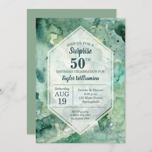 Modern Abstract Green Watercolor Birthday Invites (Front/Back)
