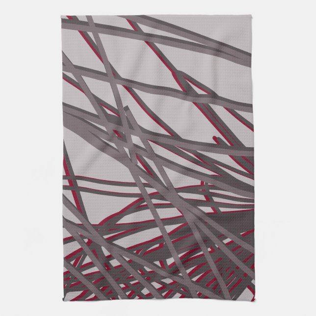 Modern Abstract Grey and Burgundy Design Tea Towel (Vertical)