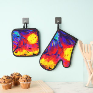 Modern Abstract Halloween Night Oven Mitt & Pot Holder Set
