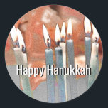 Modern Abstract Hanukkah Classic Round Sticker<br><div class="desc">A modern abstract digital painting of Hanukkah candles with Happy Hanukkah text. Popular uses of this sticker include party favours,  correspondence seals and to embellish gifts.</div>