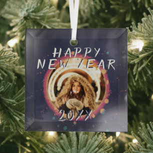 Modern Abstract Happy New Year 2022 Photo Glass Tree Decoration