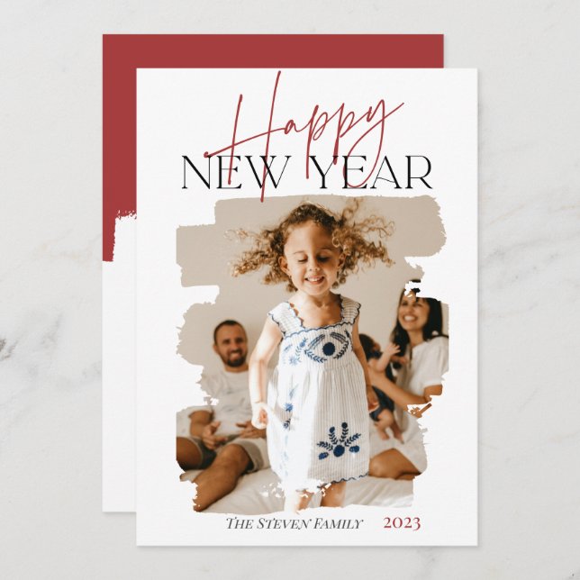 Modern abstract happy new year brushstroke red holiday card (Front/Back)