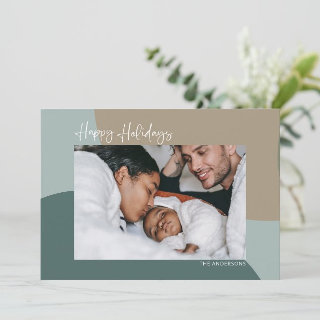 Modern Abstract in Teal Custom Photo Happy  Holiday Card (Standing Front)